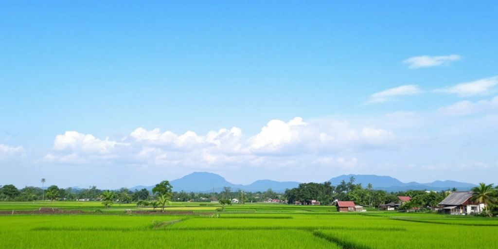 Pemandangan desa Kutawang dengan sawah hijau dan rumah tradisional.